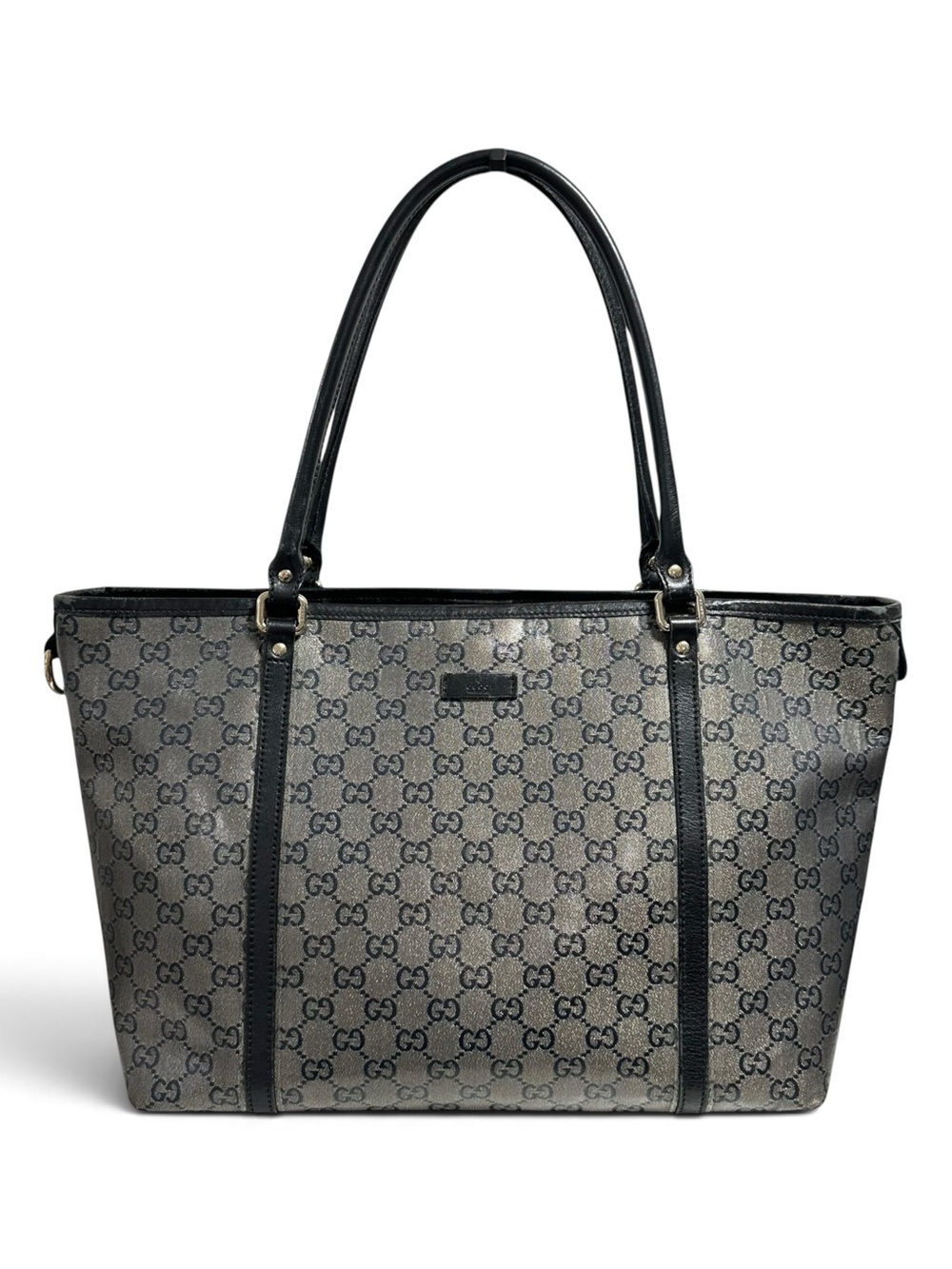 Gucci GG Crystal Joy Metallic Silver Canvas & Black Leather Tote Bag